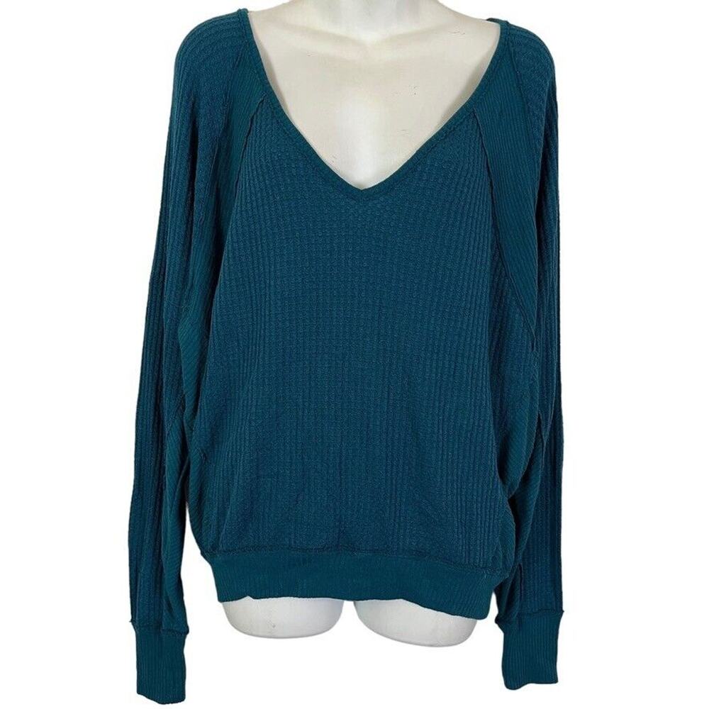 We The Free People Womens V-Neck Long Sleeve Waffle Knit Top Shirt Blouse sz XS